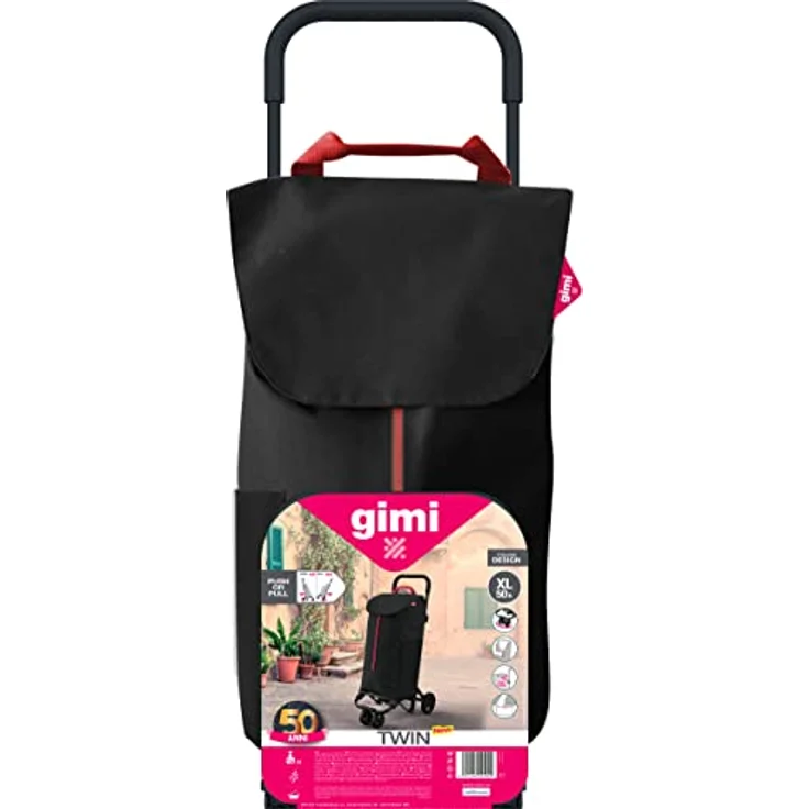 Gimi Einkaufswagen New Twin 4 Rollen, Tasche aus Polyester mit Kordelzugverschluss, 4 Rollen ermöglichen einen einfachen Transport, Schwarz – Bild 2
