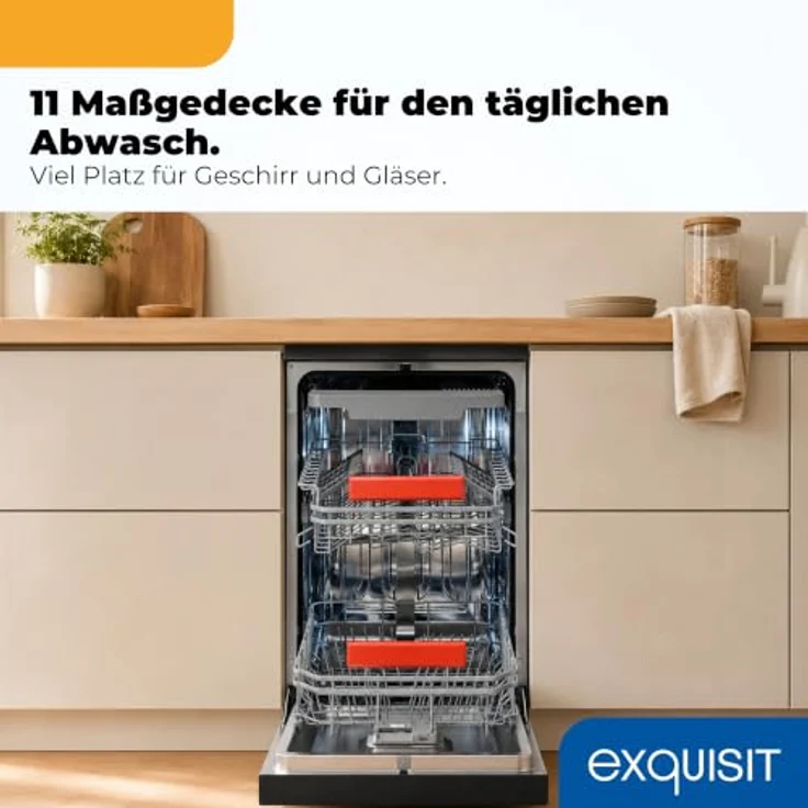 Exquisit GSP59311-450C, Geschirrspüler mit 11 Maßgedecken, Energieklasse C, 7 Spülprogrammen, Aquastop, Besteckschublade, unterbaufähig, Startzeitvorwahl, Schwarz – Bild 5