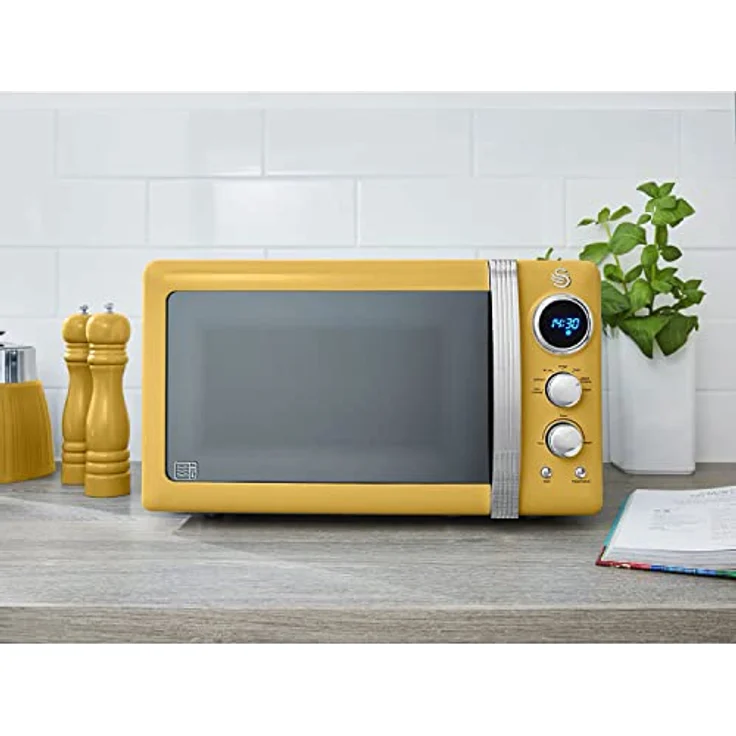 Swan Retro SM22030YELNEU Digital Mikrowelle, 20L, 5 Leistungsstufen, Auftaufunktion, 60 Minuten Timer, Spiegeltür, 27cm Drehteller, Gelb, 800W – Bild 2