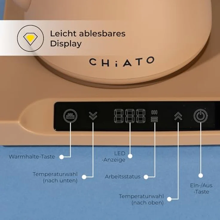 CHiATO flowPLAY Wasserkocher, 0,6 Liter, mit Temperaturwahl 40-100 °C, Touch-Display und 360°-drehbarem Sockel – Bild 8