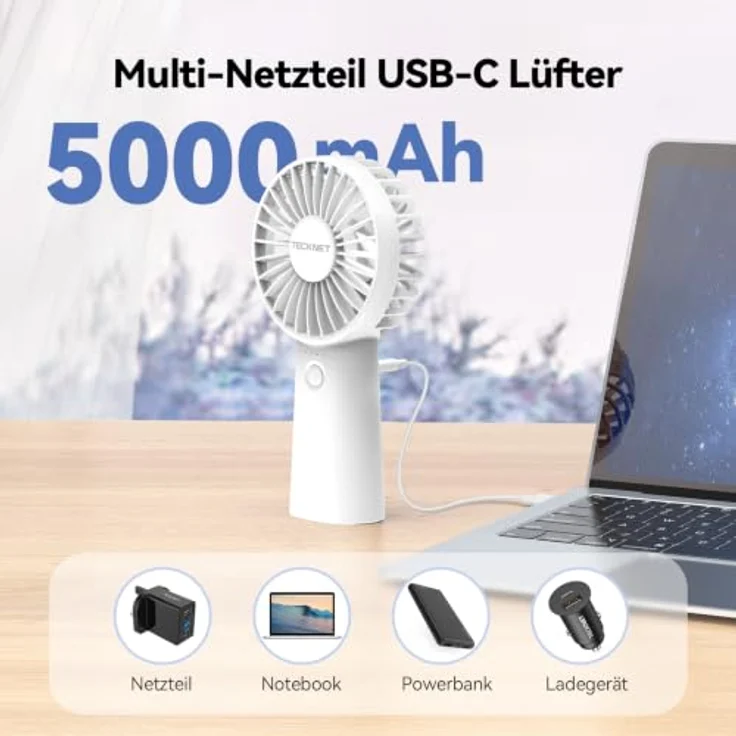 TECKNET Handventilator Tragbar, Mini 5000mAh Akku mit 5 Geschwindigkeiten und LED-Akkuanzeige, Weiß – Bild 3