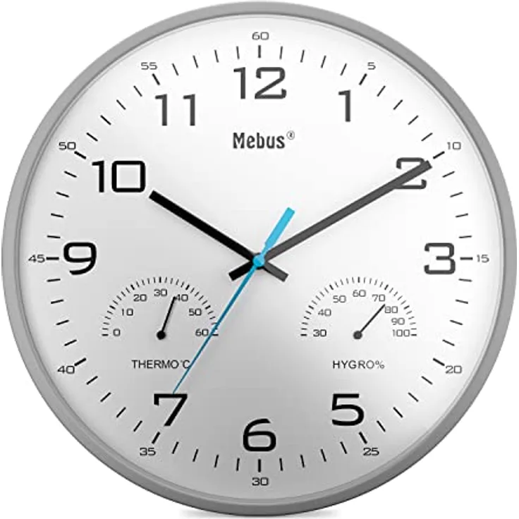 Mebus analoge Quarz Wanduhr mit Thermometer und Hygrometer in Grau/Weiß, 16182, 30 cm Durchmesser