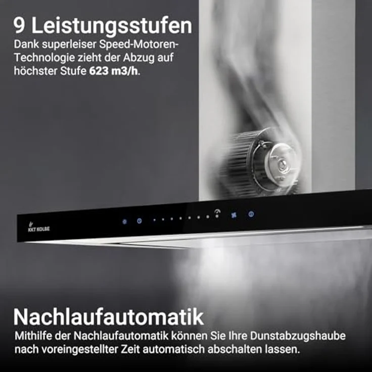 KKT KOLBE FLAT6006ED Dunstabzugshaube 60 cm, Wandhaube aus Edelstahl mit schwarzem Glas, Umluft/Abluft, WLAN, Nachlaufautomatik, SensorTouch Bedienung, Energieeffizienzklasse A++ – Bild 5