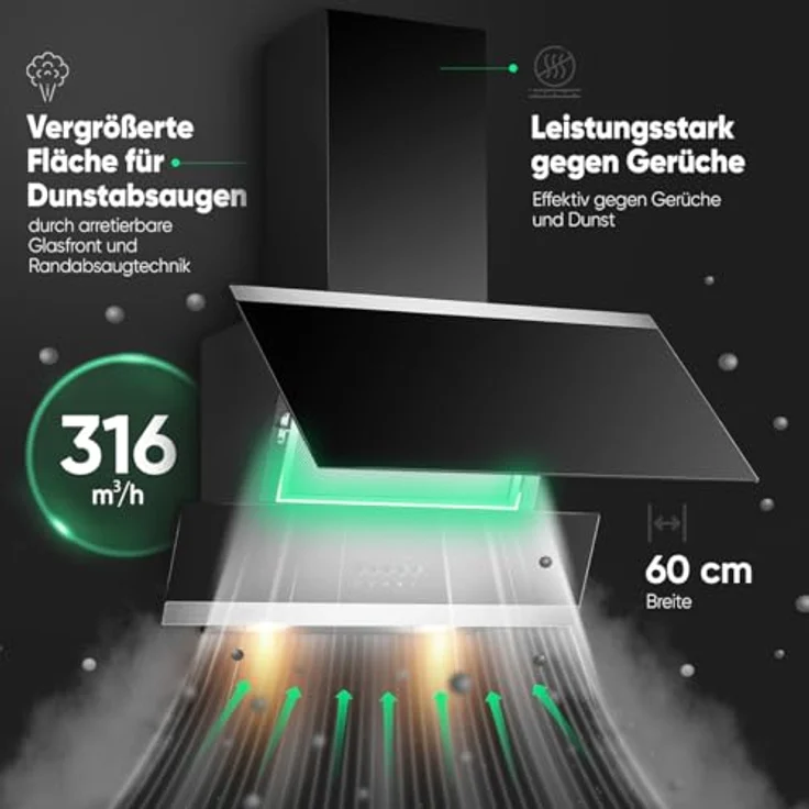Bomann® Dunstabzugshaube 60cm DU 7610 G schwarz | Kraftvolle 326 m³/h Abluftleistung | Umluft und Abluft | leise Betrieb | einfache Montage | warmweiße LED-Beleuchtung – Bild 2