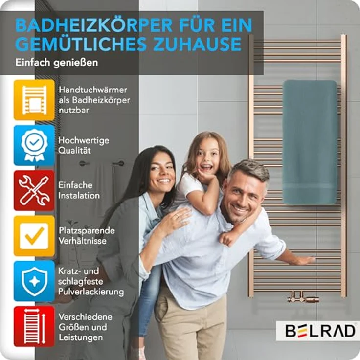 Belrad Handtuchheizkörper mit Mittelanschluss in gebürstetem Kupfer – 1200x600mm, 414 Watt, elegantes Design – Bild 3