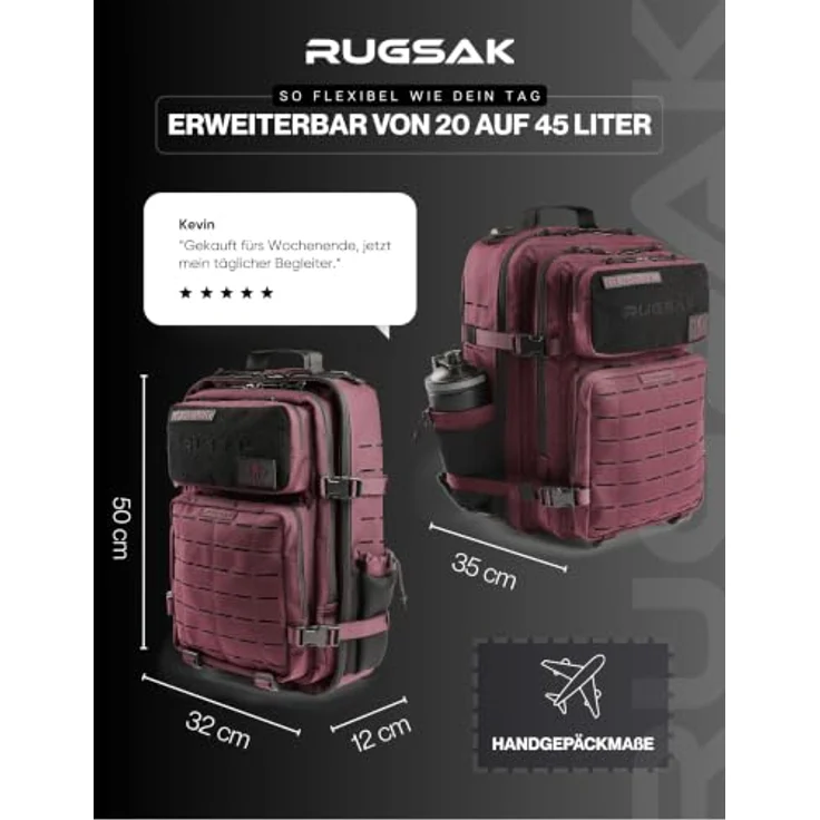RUGSAK Alpha 45L Rucksack Merlot Red – Wasserabweisend, 18-Zoll Laptopfach, Ergonomisch, Reise, Alltag & Outdoor – Bild 3