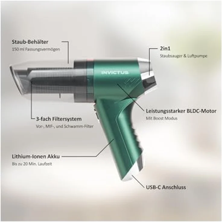 Genius Invictus One Quick Akku Handstaubsauger 3 in 1, kabellos, 75 Watt BLDC-Motor, Mini Autostaubsauger, Beutellos, für Auto, Küche, Tastatur – Bild 3