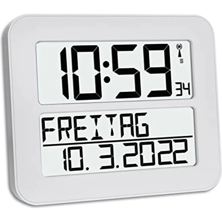 TFA Dostmann TimeLine Max Funkuhr, Wanduhr, digital, mit Wochentag und Weckfunktion, weiß, L 258 x B 30 (120) x H 212 mm