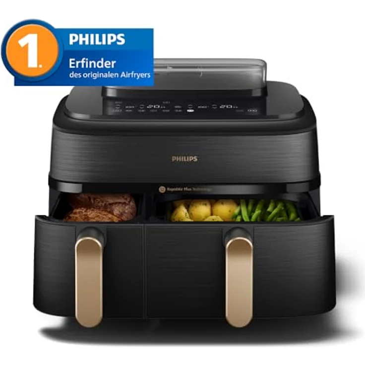 Philips Heißluftfritteuse 5000 Series NA552/00, Dual Basket mit Steam und 9L Kapazität (6L+3L), 2750 W, RapidAir Plus Technologie, Dampfreinigung, HomeID App, Schwarz/Kupfer – Bild 4