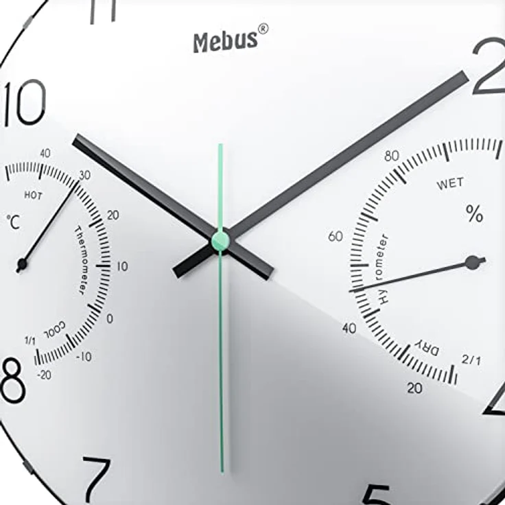 Mebus Quarz-Wanduhr mit Thermometer und Hygrometer / Farbe: Weiß / Modell: 16106, 30 cm – Bild 2