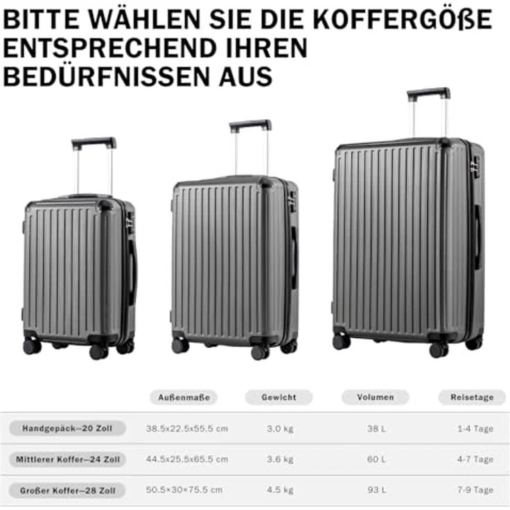 COOLIFE Kofferset, 3-teiliges Hartschalen-Reisekofferset aus ABS mit TSA-Schloss, Teleskopgriff und 4 Zwillingsrollen, schwarz – Bild 2