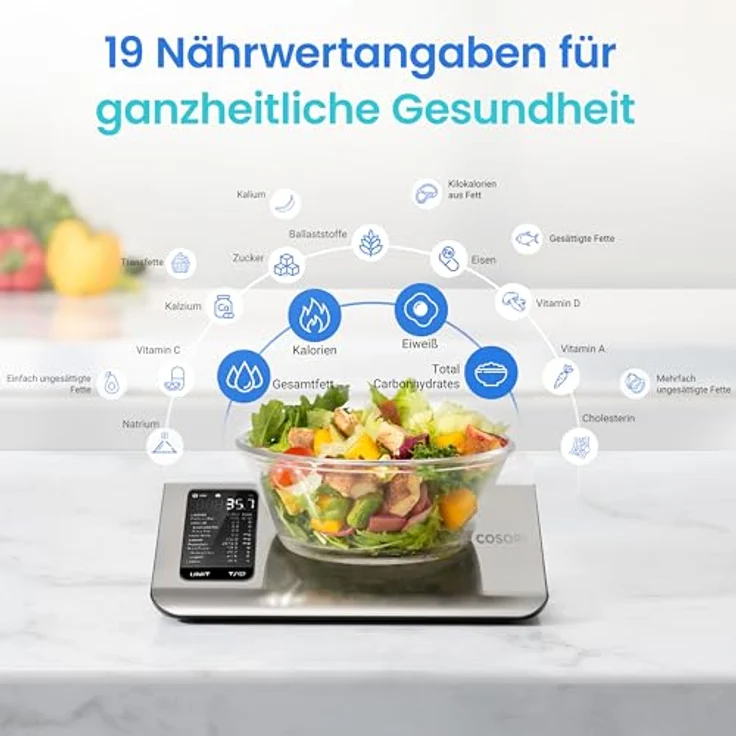 COSORI Küchenwaage digital mit Nährwertberechnung, 19 Nährstoffe verfolgt, 5kg Edelstahl-Lebensmittelwaage in Schwarz - Ideal für Gewichtsverlust und gesunde Ernährung – Bild 3