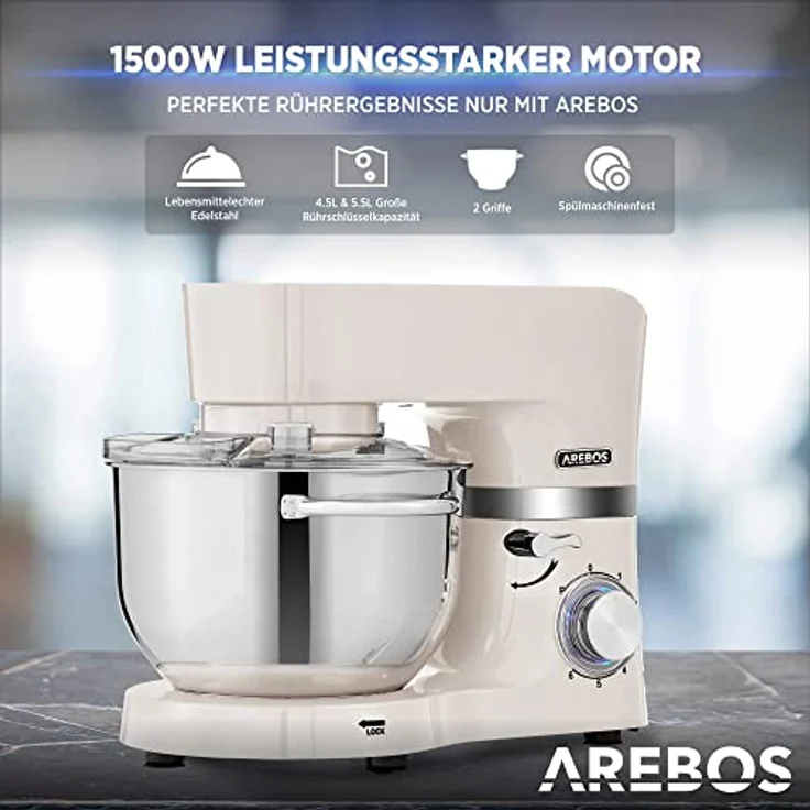 Arebos Küchenmaschine 1500W Creme | Knetmaschine mit 2x Edelstahl-Rührschüsseln 4,5 & 5,5L | Geräuscharm | Küchenmixer mit Rührhaken, Knethaken, Schlagbesen und Spritzschutz | 6 Geschwindigkeiten – Bild 3