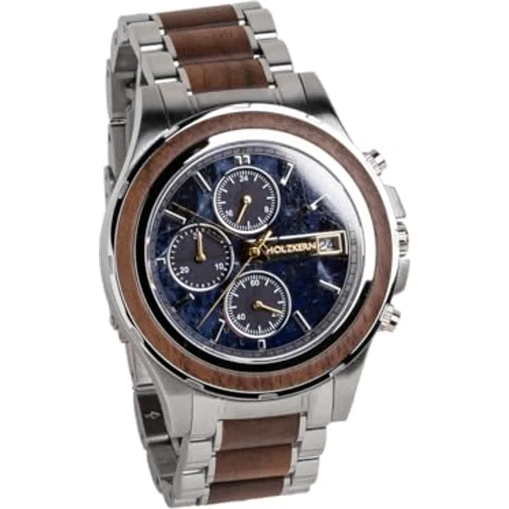 HOLZKERN Herren-Chronograph Solar KOH Mak, Armbanduhr aus Walnuss/Marmor mit blauen Zifferblatt, Edelstahlarmband, Chronograph und Stoppuhrfunktion