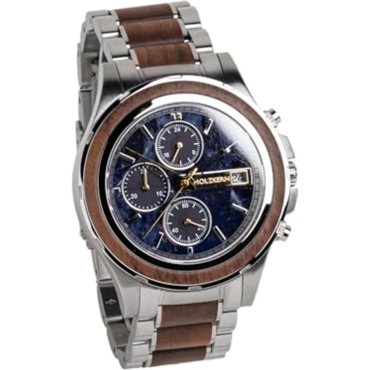 HOLZKERN Herren-Chronograph Solar KOH Mak, Armbanduhr aus Walnuss/Marmor mit blauen Zifferblatt, Edelstahlarmband, Chronograph und Stoppuhrfunktion – Bild 1