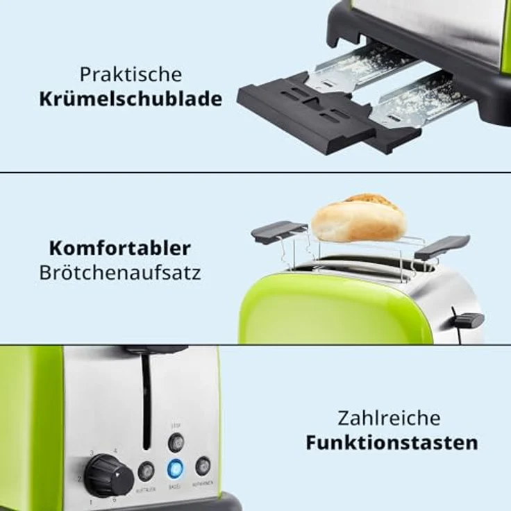 KHG Edelstahl Toaster TO-1005, 2 Scheiben mit Brötchenaufsatz, 6 Bräunungsstufen, 1000W, Limettengrün, Retro American Diner Style – Bild 5