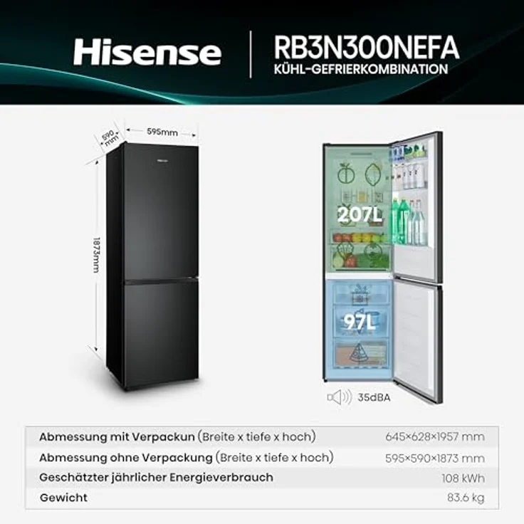 HISENSE RB3N300NEFA Kühlgefrierkombination, 304 l, No Frost, 1873 mm hoch, Schwarz, mit elektronischer Steuerung und Holiday Modus – Bild 2