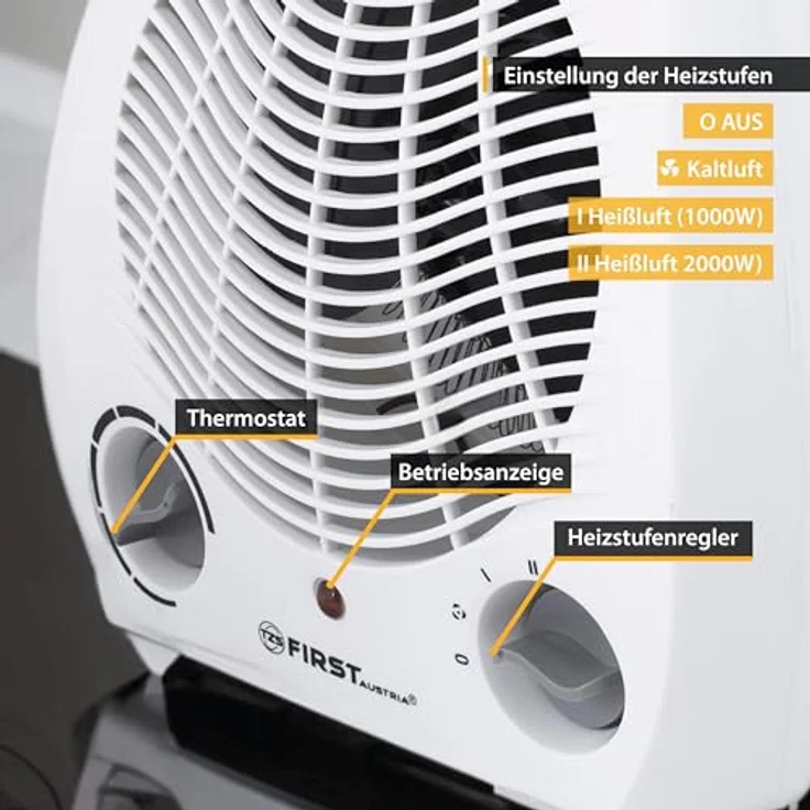 TZS First Austria Heizlüfter FA-3300, 1000/2000W, 2 Heizstufen, Thermostat, Überhitzungsschutz, leise (52dB), kompakt, weiß/grau, energiesparend – Bild 3