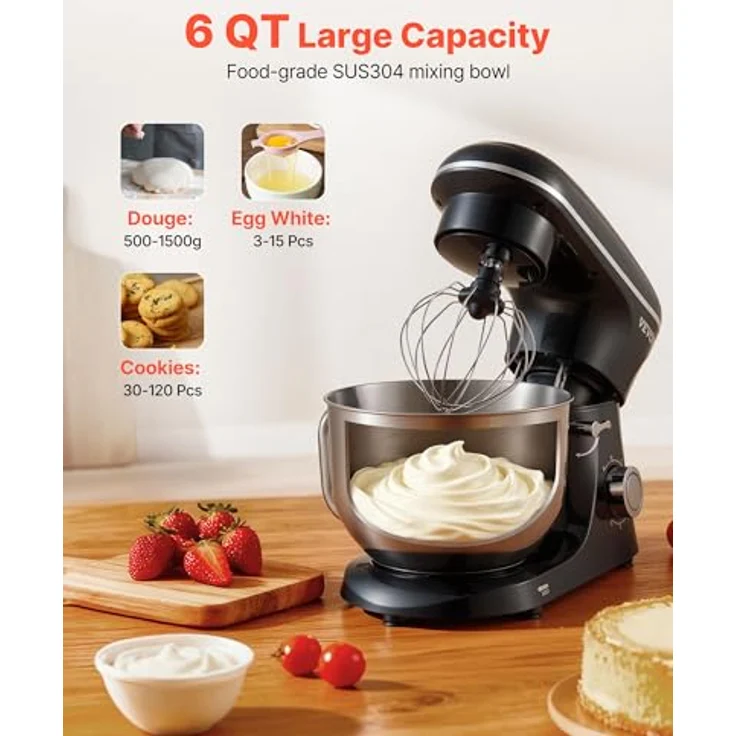 VEVOR Küchenmaschine Teigmixer 1400 W, 5,68 L Edelstahl Schüssel mit kippbarem Kopf, Knethaken, Schneebesen, für Backen und Mixen, schwarz – Bild 5