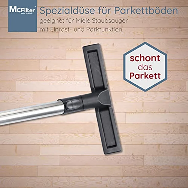 McFilter Parkettdüse für Miele S8340 S8360 S8730, Hartbodendüse mit 35mm Anschluss, Rosshaar und Einrast-Parkfunktion – Bild 3