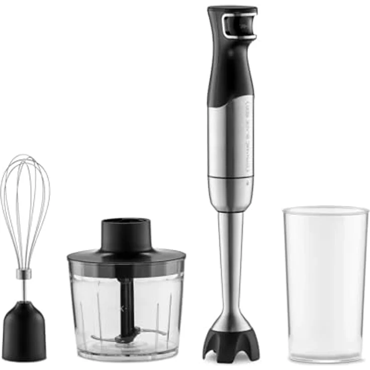 Trisa Pürierstab 4-en-1 Stabmixer, 1500W, stufenlose Geschwindigkeitsregelung, Edelstahl, mit Schneebesen, 500ml Häcksler und 700ml Messbecher für Babynahrung – Bild 1