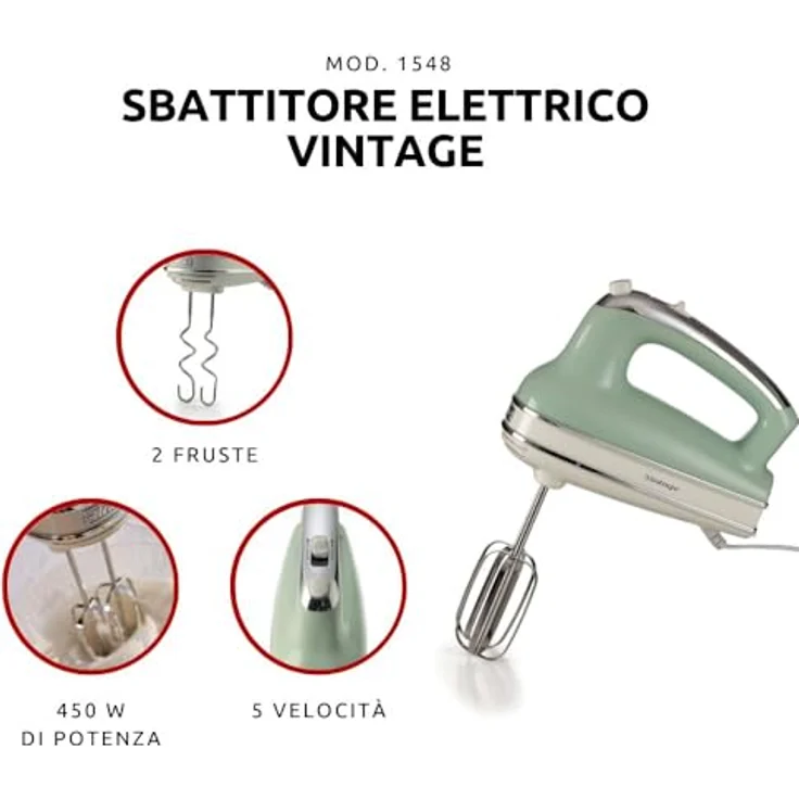 Ariete Vintage, Multifunktions-Handmixer 1548, 5 Geschwindigkeiten, Turbo-Funktion, 2 Edelstahlrührbesen, 450W, Grün – Bild 2