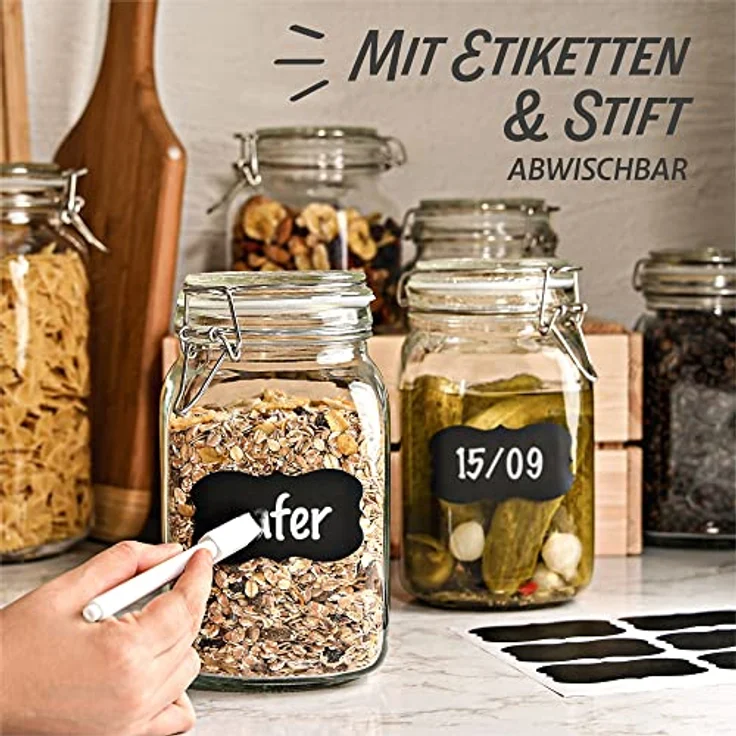 Niboline 4 Einmachgläser mit Bügelverschluss 1,5l - Luftdicht & langlebig - Mit Etiketten, Stift und extra Silikondichtungen - Spülmaschinenfest – Bild 5