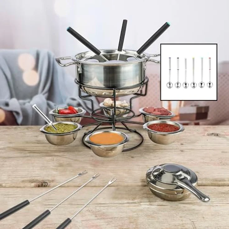 Lentz Fondue-Set aus Edelstahl für 6 Personen | inklusive Besteck | betrieben mit Brennpaste | Topf mit Absturzsicherung (22-teilig), Found 10-22 – Bild 2