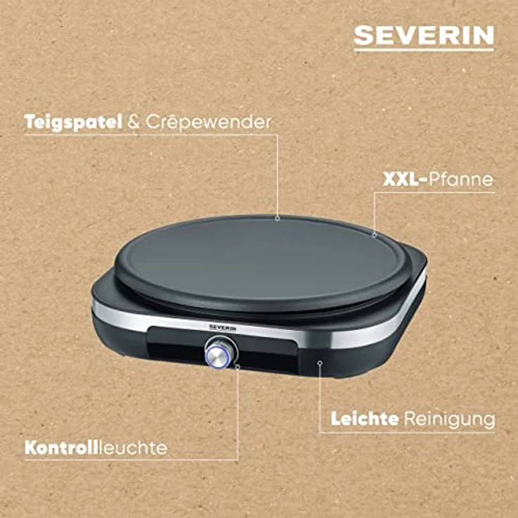 Severin CM 2199 Crepes Maker mit XXL-Grillplatte, Crepeseisen für süße Crepes und herzhafte Galettes, Crepesmaker mit abnehmbarer XXL Grillplatte (38 cm), ca. 1.500 W, Edelstahl-gebürstet, schwarz – Bild 4