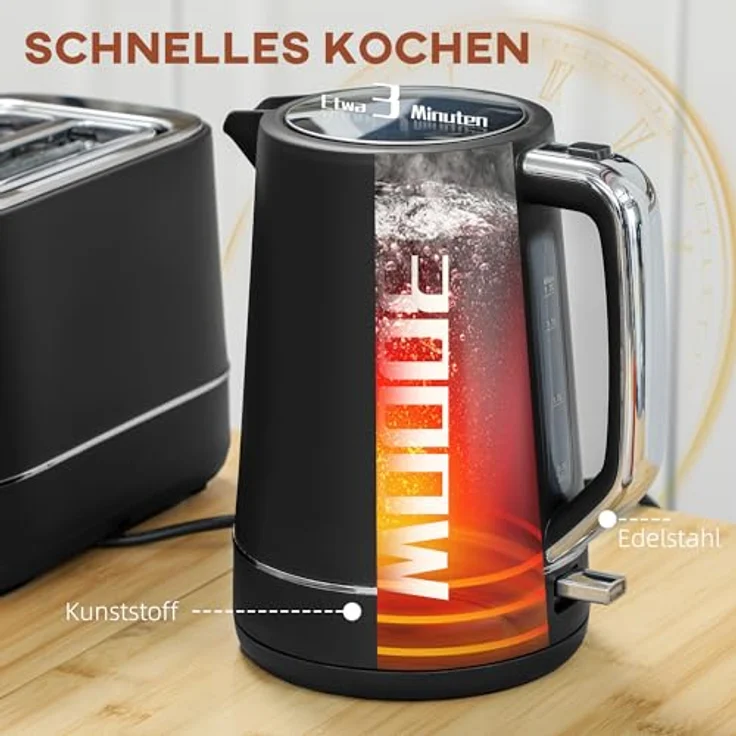 HOMCOM Toaster Wasserkocher Set 2200 W 1,7L Schwarz, mit Aufwärm- und Auftaufunktion, Kalkfilter – Bild 3