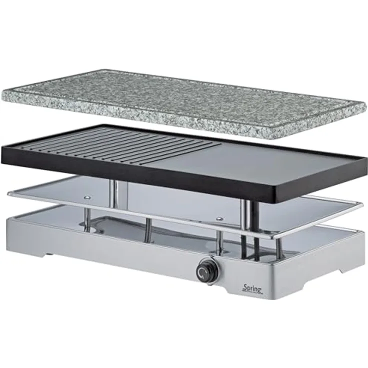 Spring RACLETTE8 CLASSIC DUO Raclette 8 Personen | Tischgrill elektrisch | Antihaftbeschichtete Alu-Grillplatte & Granit Grillplatte mit Saftrille | 8 Pfännchen, 8 Raclette Schaber | Abstellebene
