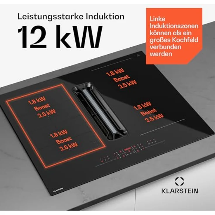 Klarstein AirJet Hybrid DSM_Airjt.Hybri_60BK, Induktionskochfeld mit integrierter Dunstabzugshaube, 4 Zonen, Touch-Bedienfeld, 12 kW, schwarz – Bild 4