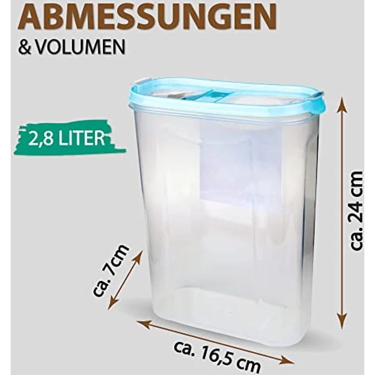 Bestlivings Vorratsdose Müslispender, transparente Schüttdose aus Kunststoff, 2,8 Liter, 7cm x 16,5cm x 24cm, luftdicht mit zwei Öffnungen – Bild 2