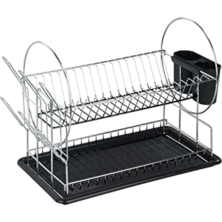 WENKO Geschirrabtropfer Premium Duo, Geschirr Abtropfständer für die Küche, Abtropfgestell mit Besteckkasten und Tellerständer, 52 x 36 x 24 cm, Silber-Schwarz – Bild 2