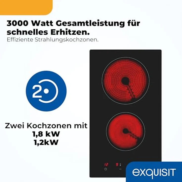 Exquisit EKC300-490 Glaskeramik-Kochfeld, 2 Kochzonen, 3000 W, Touch-Control, rahmenlos, kompakte Maße 29 x 52 cm, Sicherheitsabschaltung, Restwärmeanzeige, schwarz – Bild 2