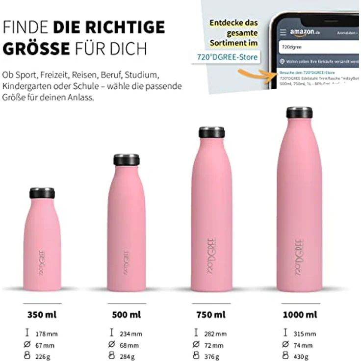 720°DGREE Edelstahl Trinkflasche “milkyBottle” - 1L - BPA-frei, Auslaufsicher, kohlensäuregeeignet, Thermosflasche für Sport, Uni, Outdoor – Bild 3