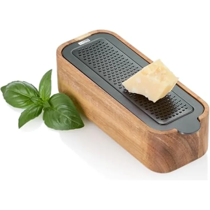 AdHoc GG32 Tisch-Feinreibe CutnServe, Edelstahl Schwarz mit Auffangbehälter aus Akazienholz, für Hartkäse, Gewürze und Nüsse
