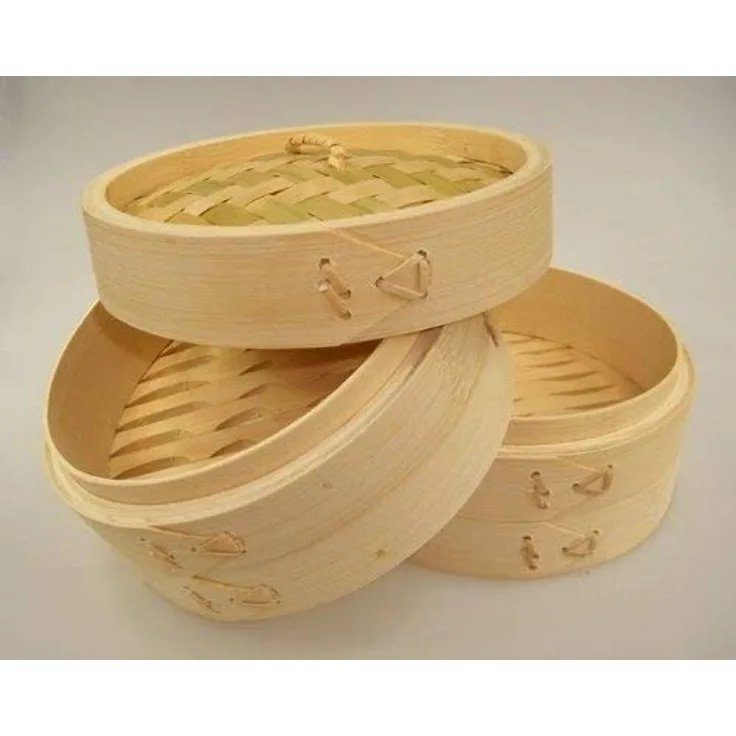 H&S Bambusdämpfer 3-teiliges Set Ø 15cm STABILE AUSFÜHRUNG Bamboo Steamer, natürliche Zubereitung aus China