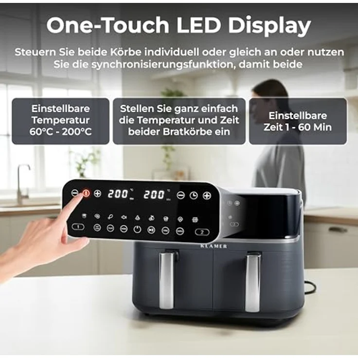 KLAMER Heißluftfritteuse Duo 9 L, Doppelkammer Airfryer mit 2 Körben, Digitaldisplay, 10 Automatikprogrammen, Dual-Funktion, Timer und 3000 W Heißluft-Zirkulation – Bild 5