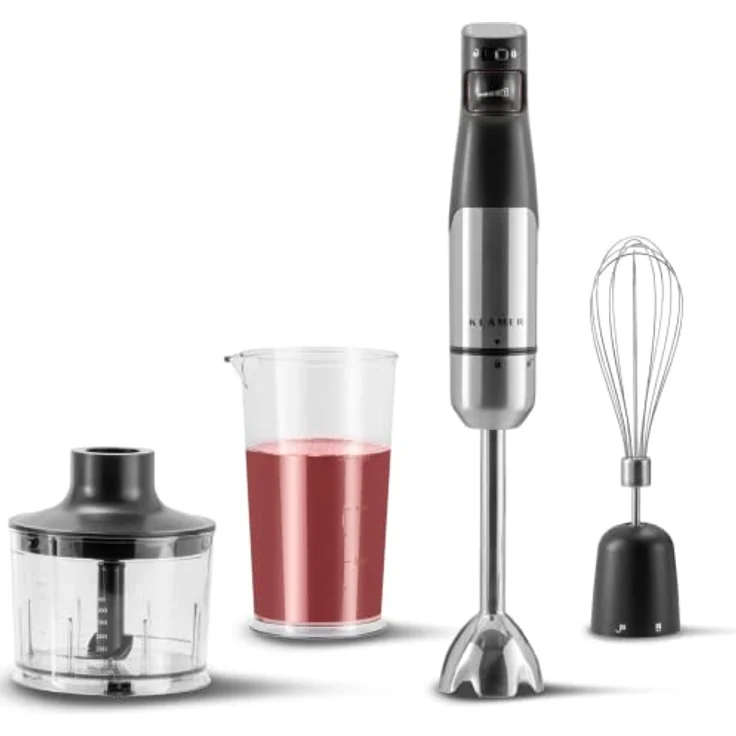 KLAMER Stabmixer Set 1000 Watt, 4 in 1 Pürierstab Edelstahl mit SmartSpeed per Finderdruck, inkl. 3-teiligem Zubehör-Set, Messbecher & Schneebesen – Bild 1