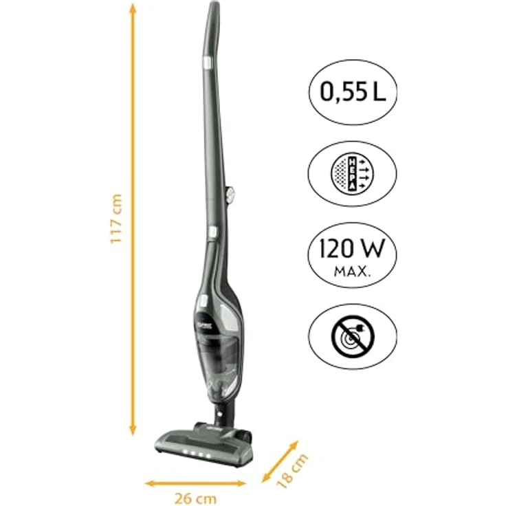 TZS First Austria 2in1 Stiel- und Handstaubsauger | bis zu 60 min Akkulaufzeit | Bodenbürste mit LED-Licht | Wandladestation | Beutellos | Kabellos | grau – Bild 2