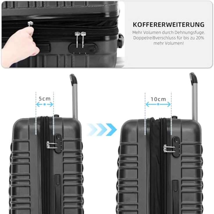 BEIBYE Hartschalen Koffer Trolley Kofferset, 3-teilig (XL, L, M), Schwarz, mit 360° Zwillingsrollen und integriertem Zahlenschloss, erweiterbar – Bild 4