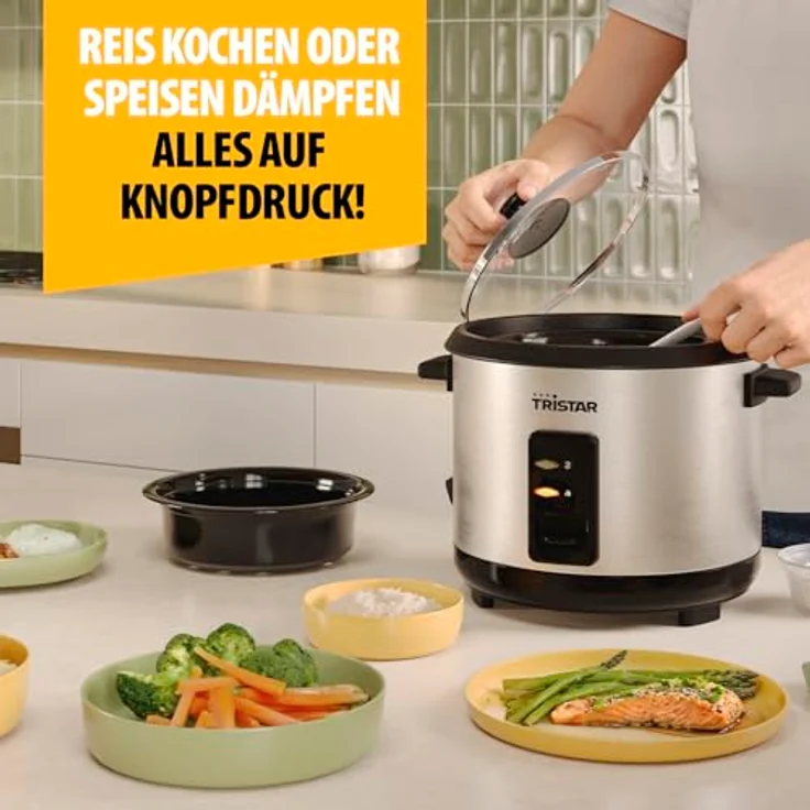 Tristar RK-6145 Reiskocher, 1,5 L Kapazität, Edelstahlgehäuse, Dampfgaraufsatz, Automatische Abschaltung, Warmhaltefunktion, 500 W – Bild 5