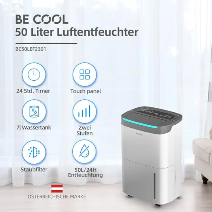 Be Cool Luftentfeuchter 50l BC50LEF2301, Entfeuchtung 50l/24h, 7l Tank, Timer, für 125m³/50m², Laufrollen – Bild 2