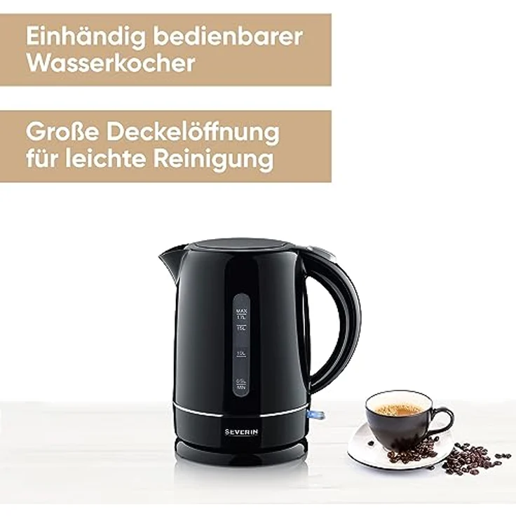SEVERIN Wasserkocher 1,7 l, leistungsstarker und kompakter Wasserkocher in hochwertigem Design, elektrischer Wasserkocher mit Kalkfilter, schwarz, WK 4322 – Bild 2