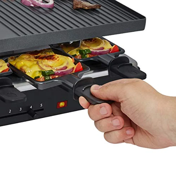 Cloer 6446 Raclettegrill mit Aluminium Druckguss Platte - beidseitig verwendbar, 1200 W, 8 antihaftbeschichtete Raclettepfännchen, schwarz – Bild 4