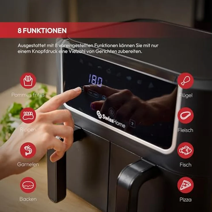 Z SwissHome DARK Luftfritteuse 2100W, 2 Töpfe 3L, 8 Funktionen, LED-Touchscreen, Antihaftbeschichtung, Dörr- und Aufwärmfunktion, einfache Reinigung – Bild 5