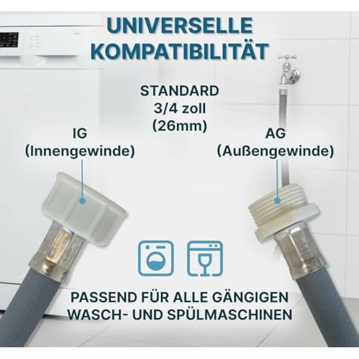 Boni-Shop Universal Zulaufschlauch 3m Verlängerung – Premium EPDM-Gummi, Leckfrei, Verstärkte Dichtungen, Einfache Installation für Waschmaschine & Geschirrspüler – Bild 3