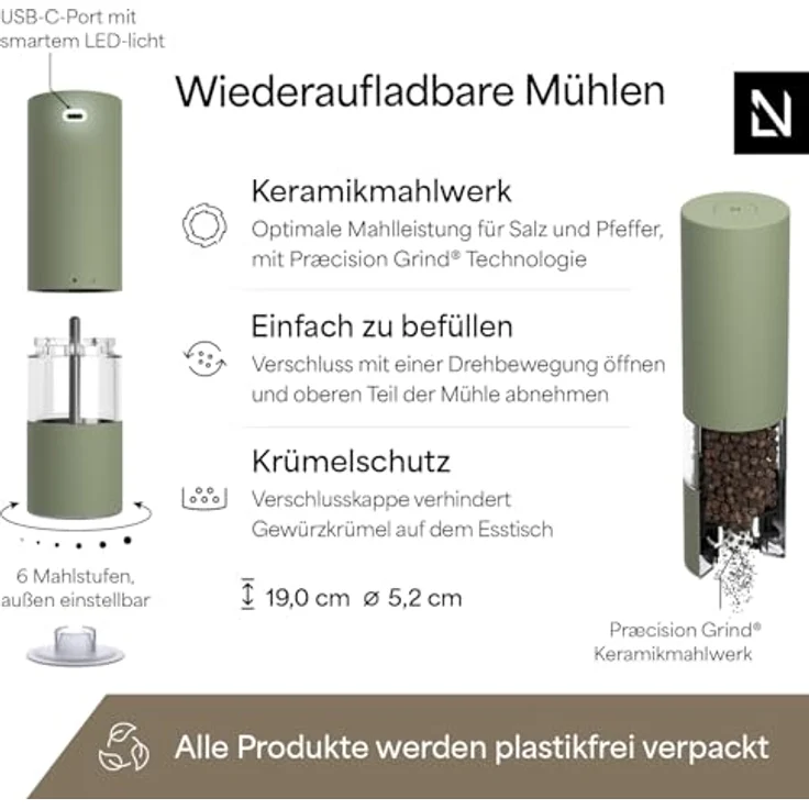 LARS NYSØM Salz- und Pfeffermühle Elektrisch 2er Set, Edelstahl mit einstellbarem Keramik-Mahlwerk, USB-C wiederaufladbar, Sage Green – Bild 4