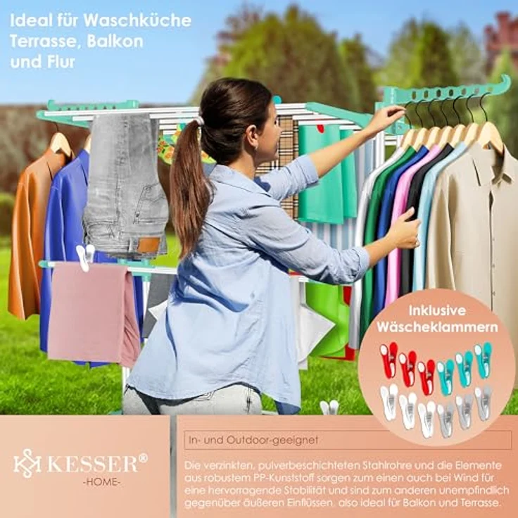 KESSER® Wäscheständer-Turm mit Rädern Platzsparender Wäschetrockner für Innen & Außen 4-Etagen 2 drehbare Seitenflügel und 6 klappbare Ebenen Standtrockner Wäscheturm Zusammenklappbar Weiß/Mint Grün – Bild 4
